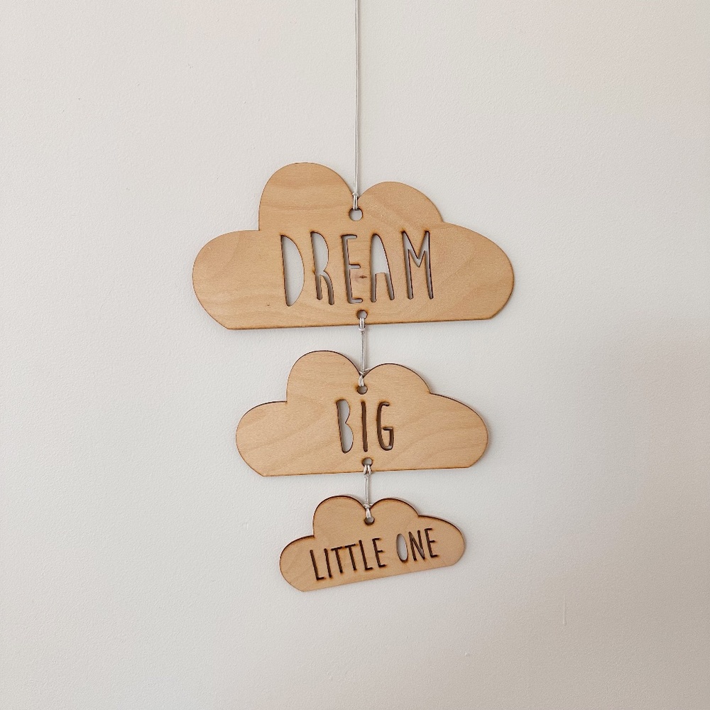 Dream Big Little One Wooden Cloud Mobile Wall Hanging Dreamcatcher Nursery Decor